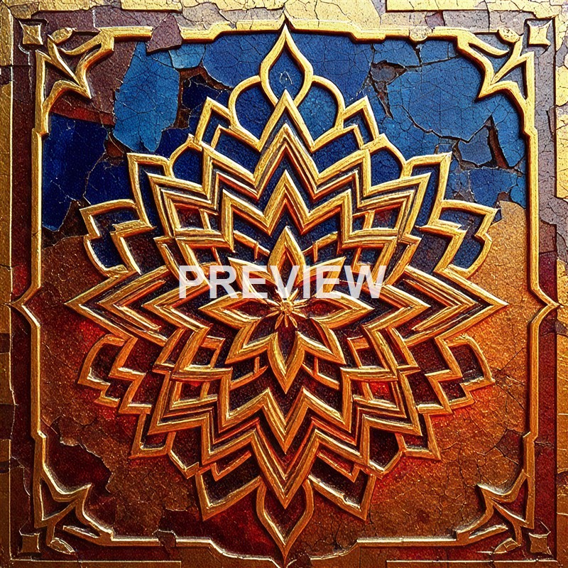The image features an intricate, three-dimensional geometric pattern with gold outlines, set against a textured background of cracked, colorful tiles in shades of blue, red, and gold.